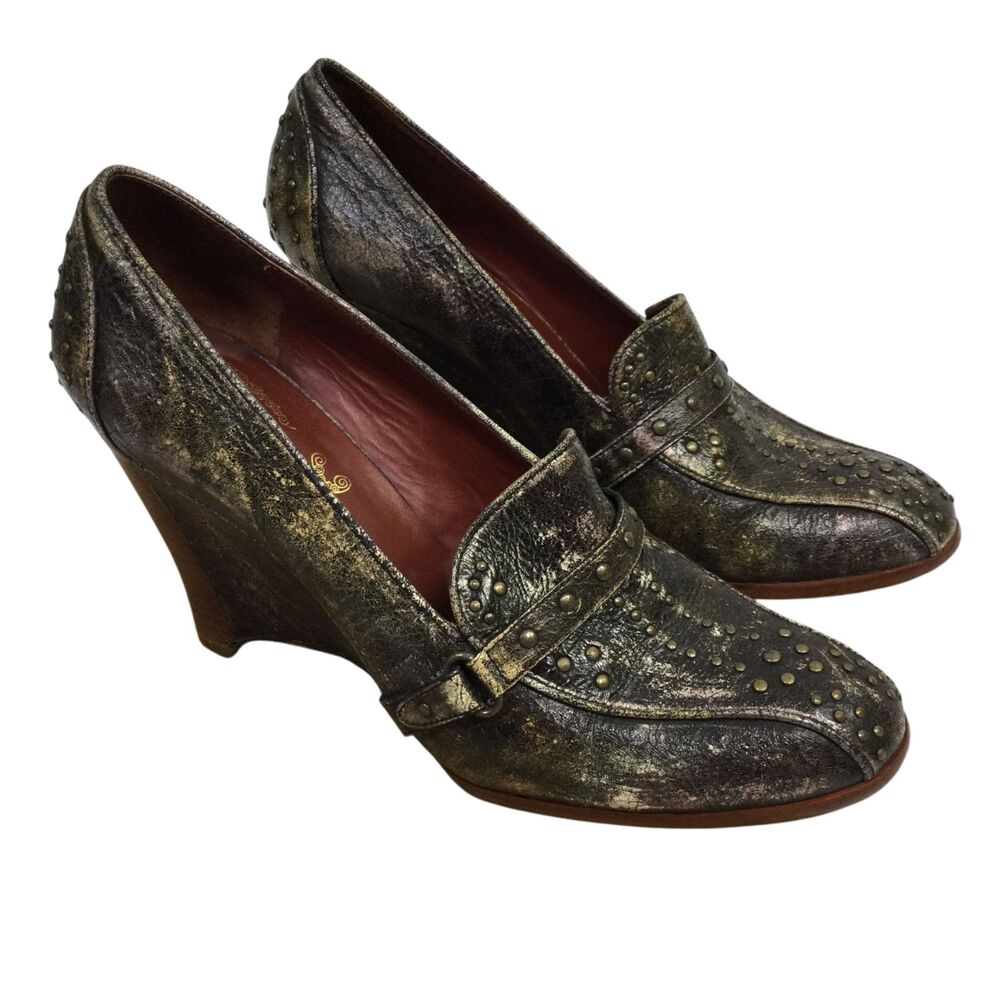 Modern Vintage Womens Distressed Leather Studded Wedge Heels Gray Size Eu 40